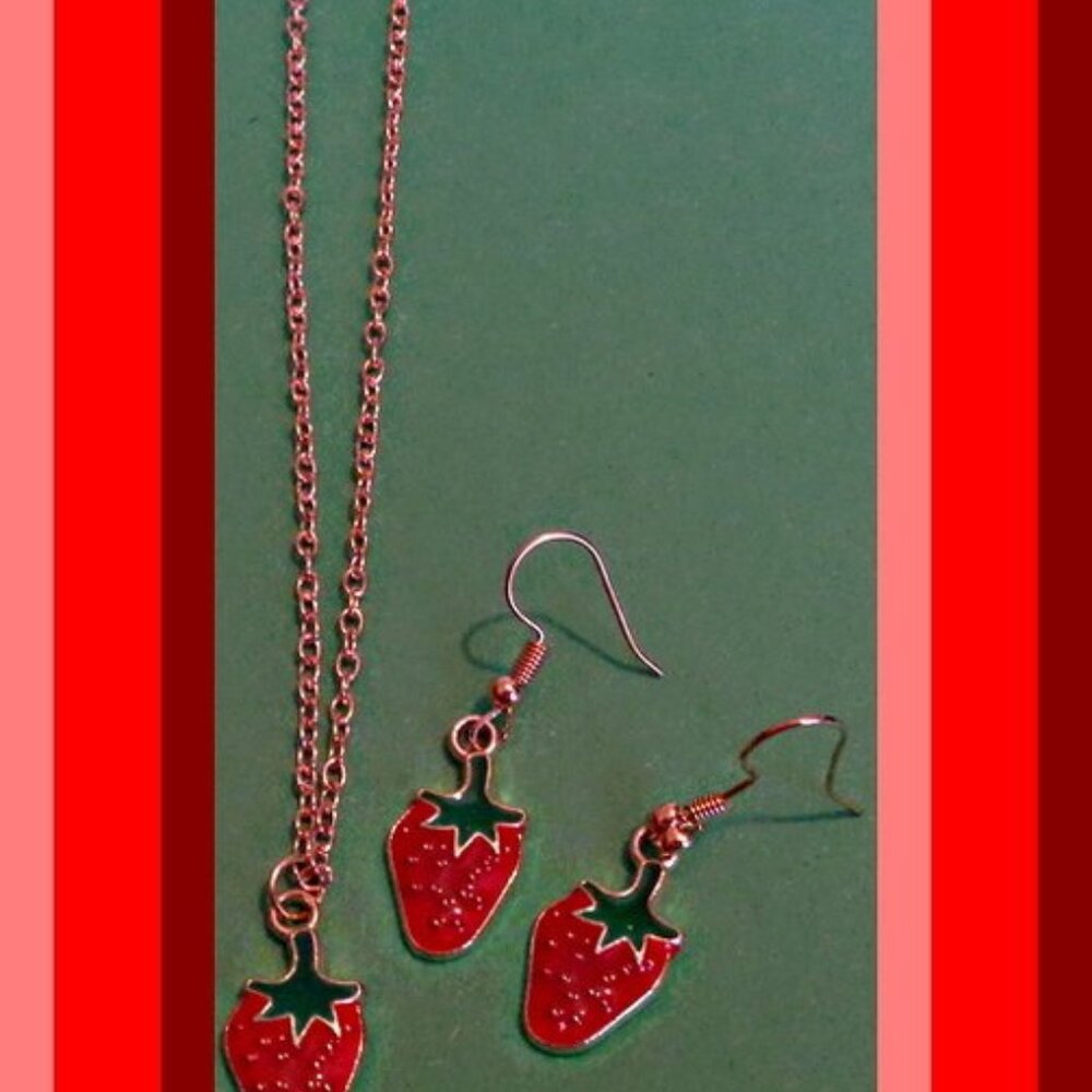 Strawberry Design Necklace & Dangle Earring Jewelry Set